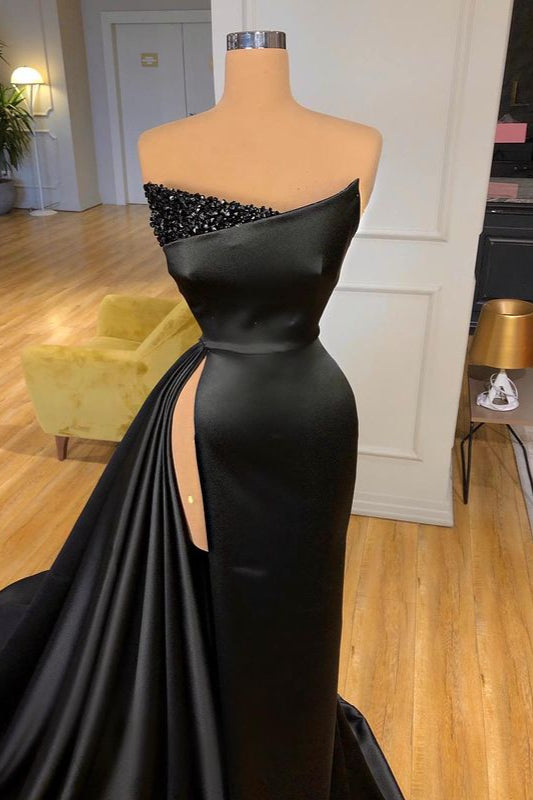 Shinning Black Prom Dress With Split Beadings Ball Dresses Long