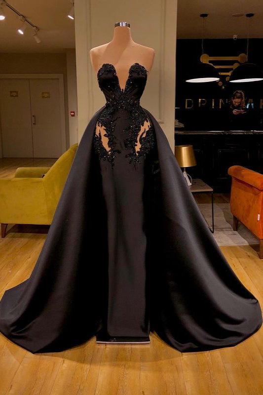 Trendy Black Overskirt Long Ball Dresses With Appliques Sweetheart