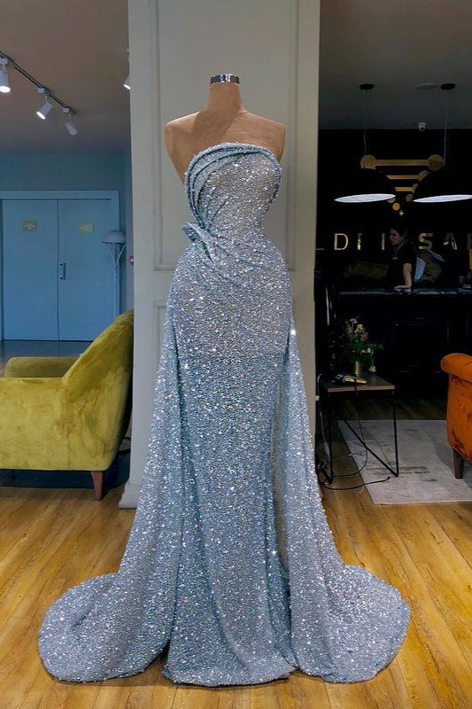 Charming Sequins Beads Long Prom Dress Overskirt Strapless