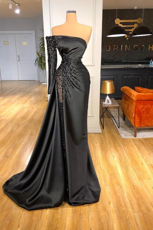 Elegant Black One Shoulder Prom Dress Beadings Ball Dresses Long Sleeve