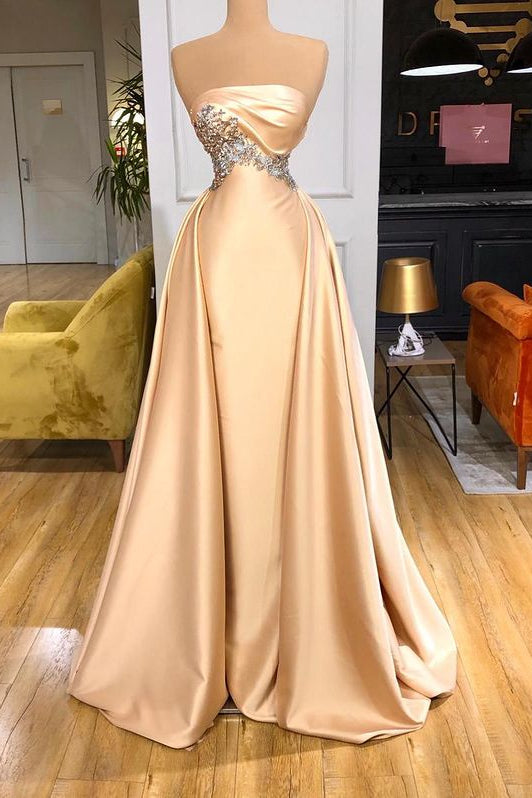 Champagne Overskirt Prom Dress Long With Crystals Strapless