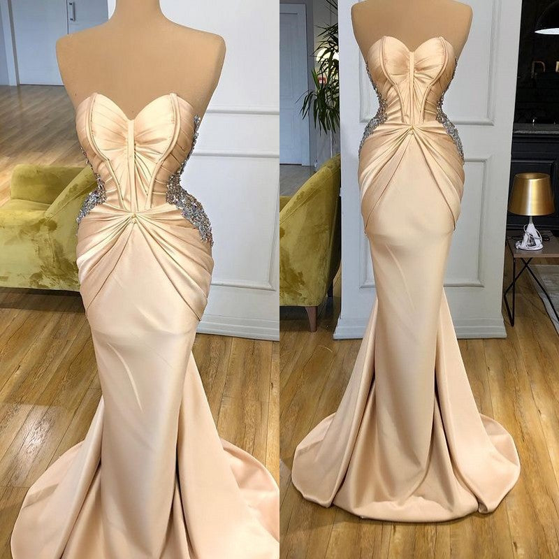 Modern Champagne Prom Dress Mermaid Long With Crystals Sweetheart