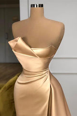 Elegant Champagne Long Prom Dress With Split On Sale Strapless