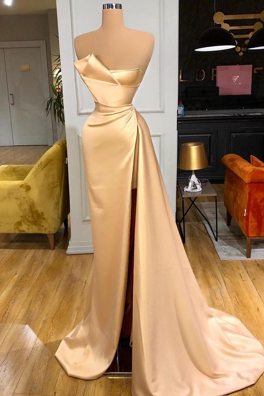 Elegant Champagne Long Prom Dress With Split On Sale Strapless