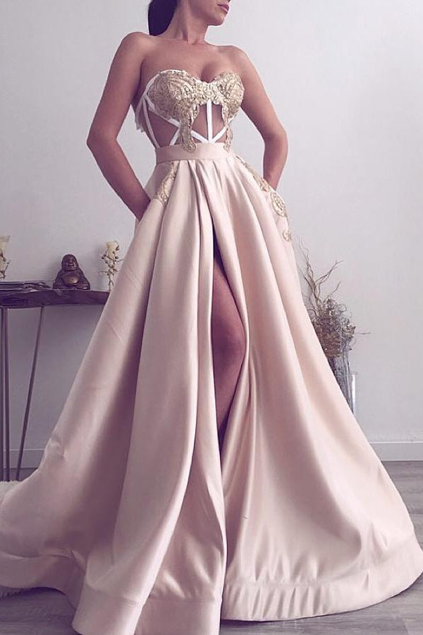 Beautiful Long Prom Dress Slit Ball Dresses Appliques Sweetheart