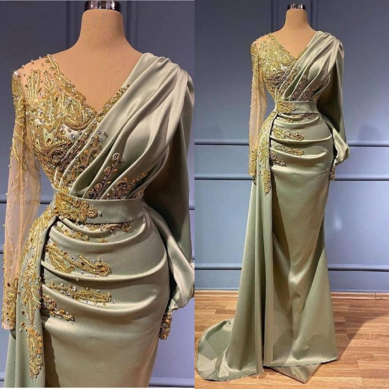 Chic V-Neck Mermaid Ball Dresses Long Prom Dress With Appliques Long Sleeves
