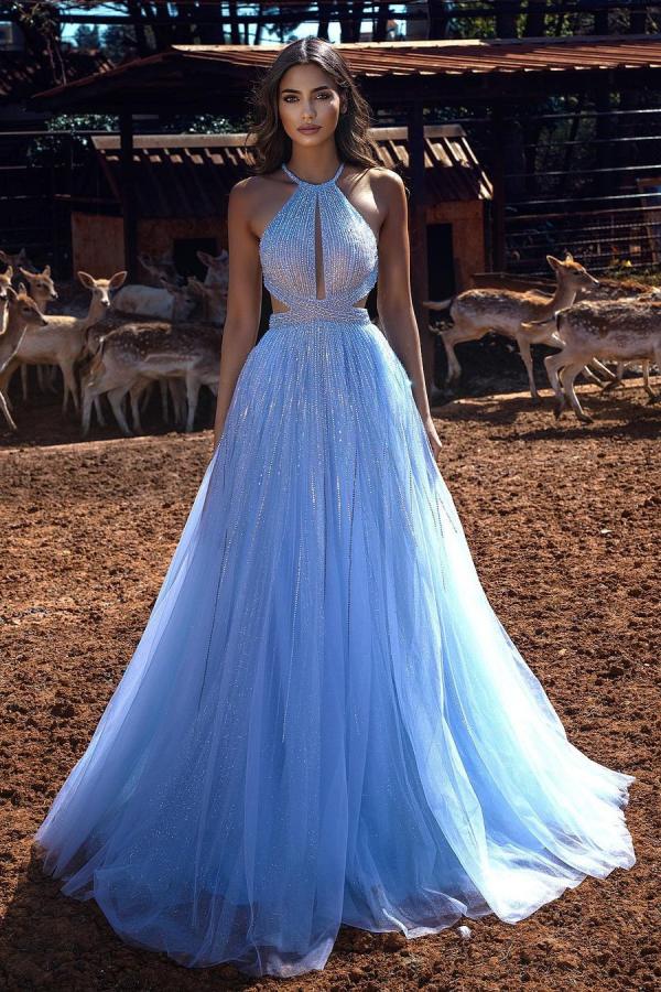 Trendy Blue Halter Long Prom Dress Tulle Evening Ball Dresses Beadings