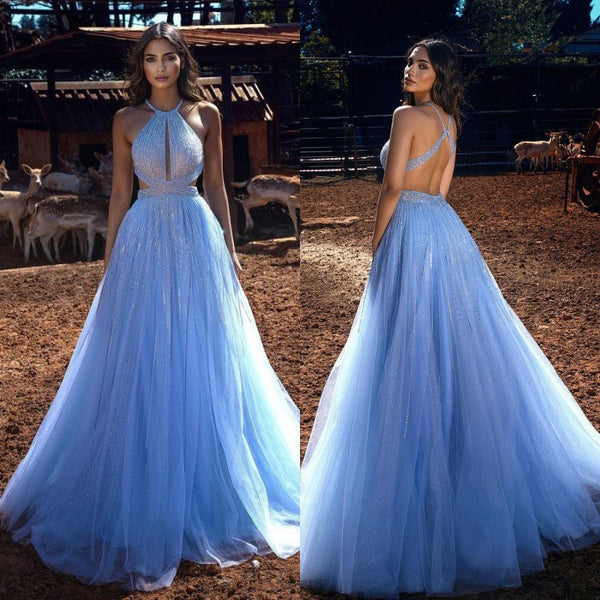 Trendy Blue Halter Long Prom Dress Tulle Evening Ball Dresses Beadings