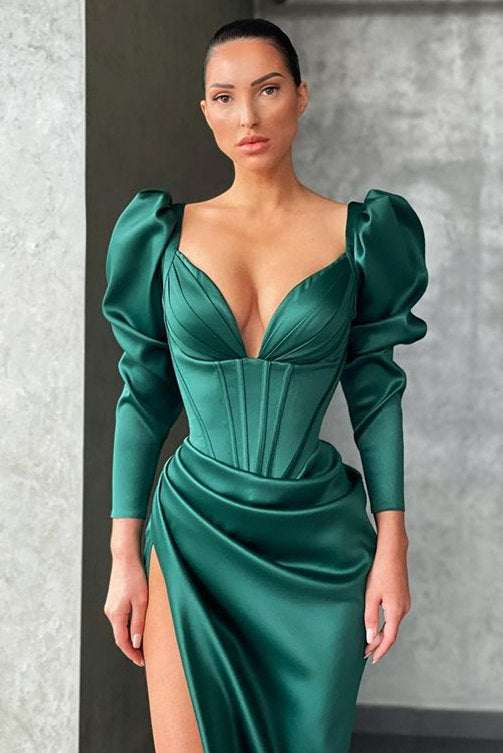 Trendy Dark green High-split Mermaid Prom Dress Bubble sleeves