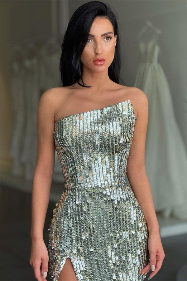 Trendy Silver Asymmetric neckline High split Prom Dress Sequin