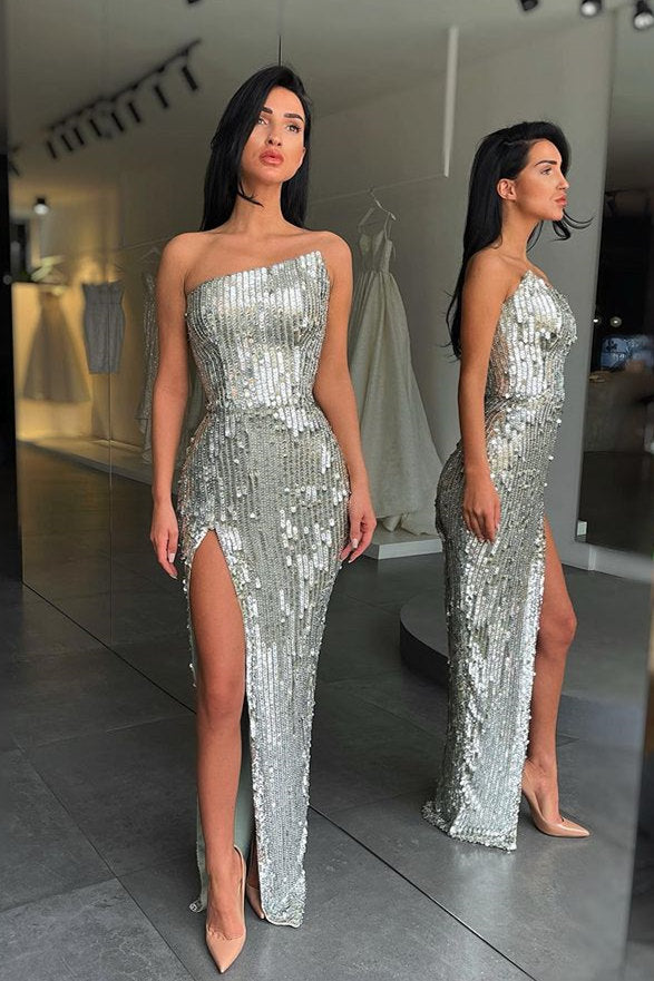 Trendy Silver Asymmetric neckline High split Prom Dress Sequin
