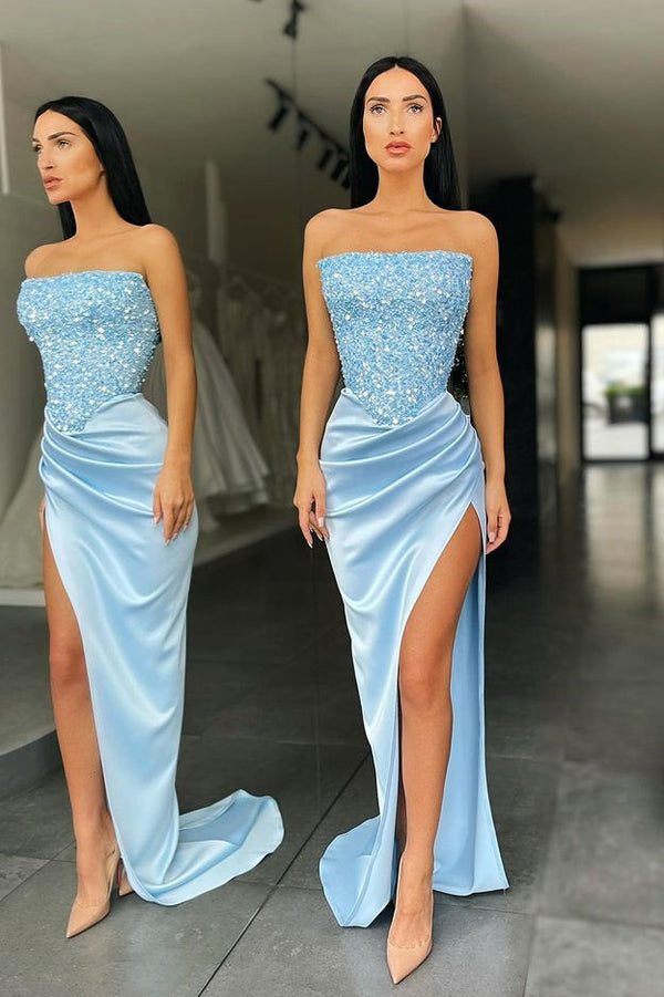 Fabulous Sky blue Sequin Top High split Prom Dress Strapless