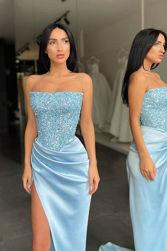 Fabulous Sky blue Sequin Top High split Prom Dress Strapless
