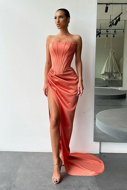 Fabulous Orange Strapless Pleats Prom Dress with court train High-split