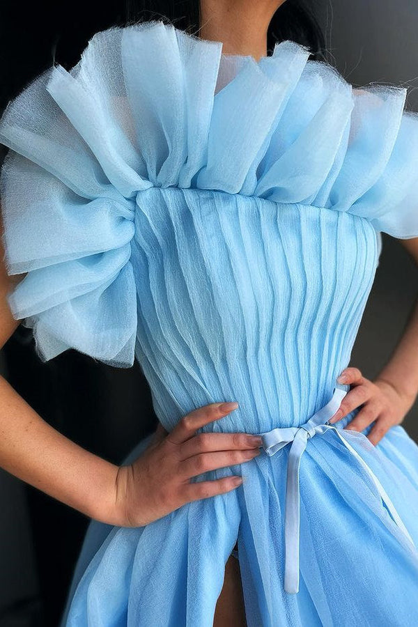 Classic Blue A-lineTulle Floor-length Prom Dress Side-cut