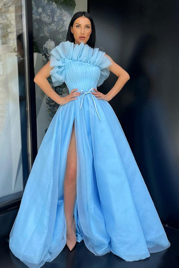 Classic Blue A-lineTulle Floor-length Prom Dress Side-cut