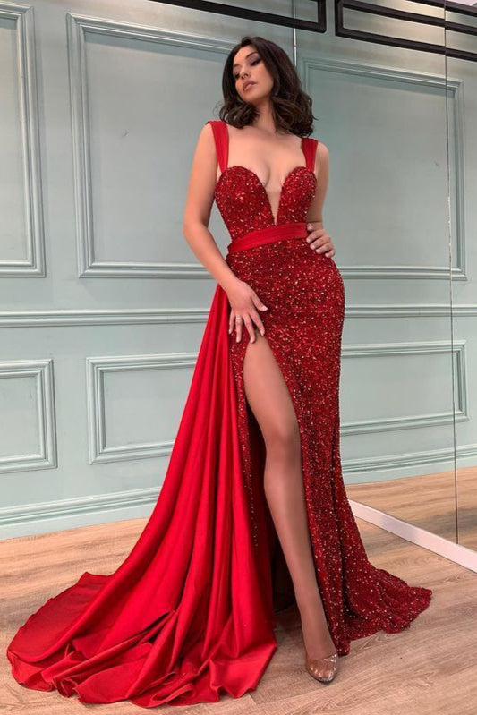 Elegant Red Beadings Mermaid Prom Dress Split With Ruffles Sequins