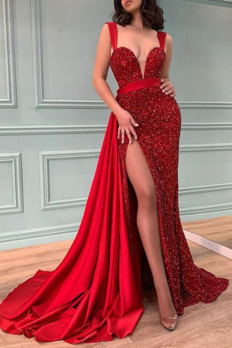 Elegant Red Beadings Mermaid Prom Dress Split With Ruffles Sequins