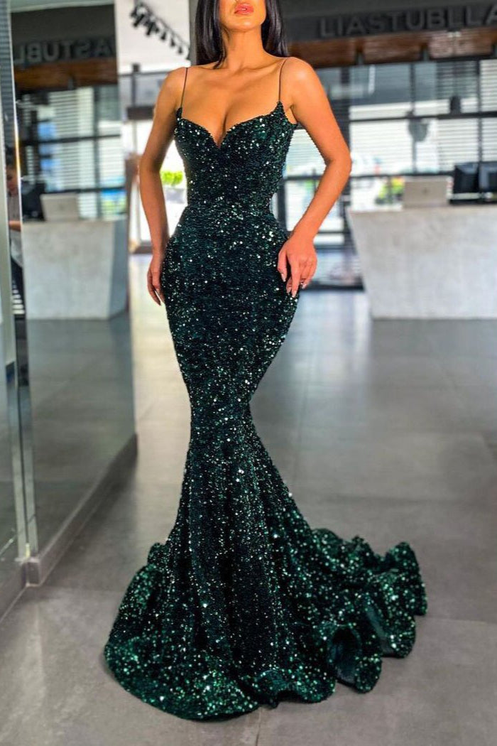 Amazing Green Sequins Prom Dress Mermaid Long Ball Dresses Spaghetti-Straps