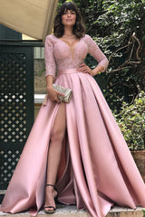 Elegant Lace Prom Dress Long Split On Sale 3/4 Sleeves