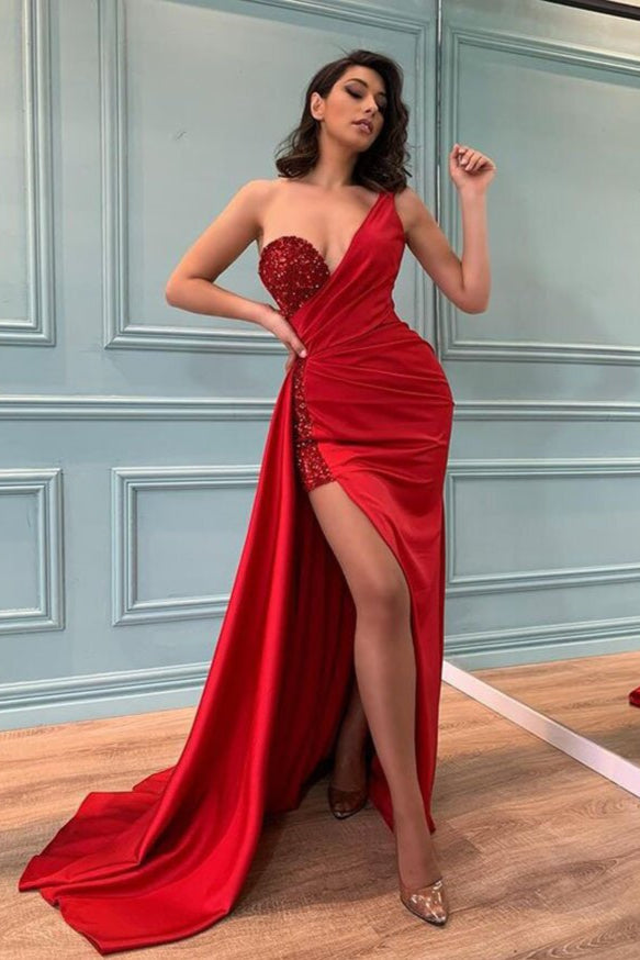 Shinning Red Slit Prom Dress Long With Sequins Beadings One Shoulder