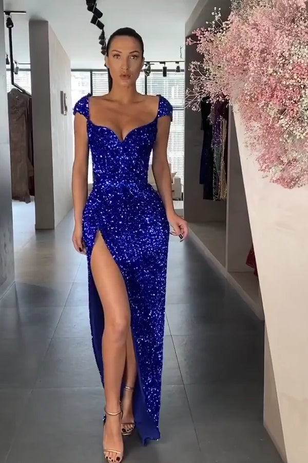 Shinning Royal Blue Sequins Prom Dress Split Cap Sleeve