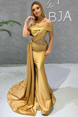 Beautiful Gold Mermaid Prom Dress Appliques With Ruffles Off-the-Shoulder