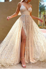Glamorous V-Neck Prom Dress Sequins Long Ball Dresses Split Spaghetti-Straps