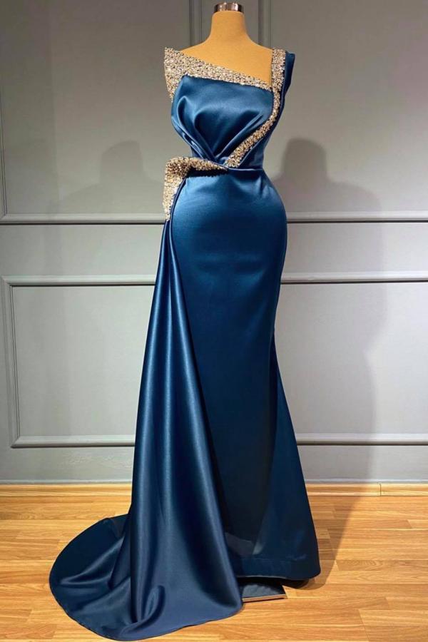 Fabulous One Shoulder Blue Sequns Long Mermaid Prom Dress Beading