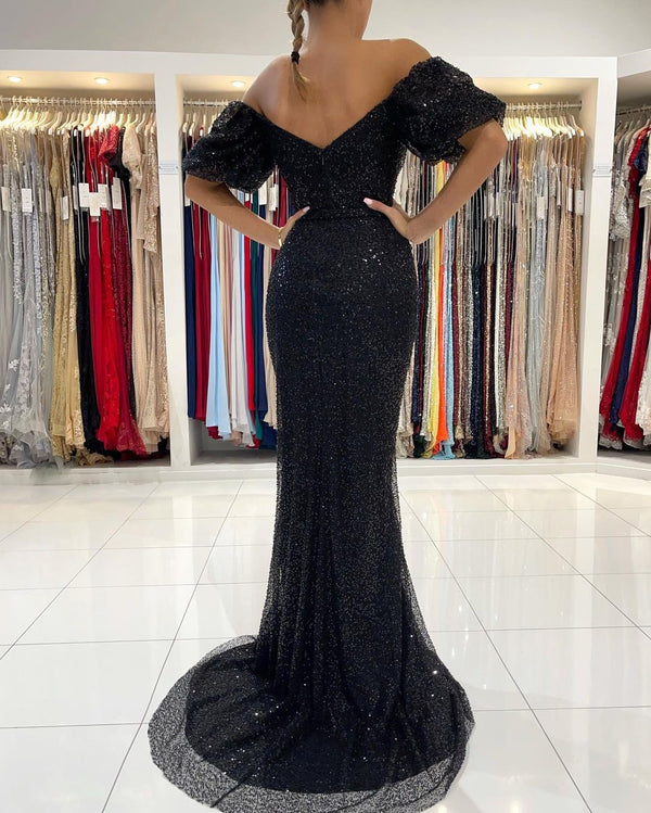 Shinning Black Mermaid Sequins Prom Dress Long Split Off-the-Shoulder