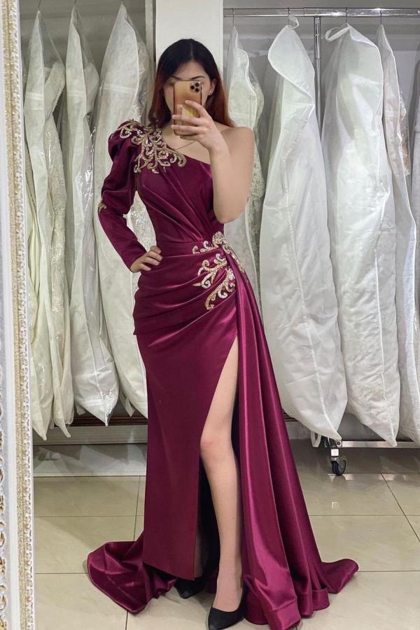 Fabulous One Shoulder Prom Dress Split With Appliques Long Sleeves