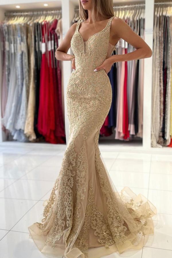 Fabulous V-Neck Mermaid Evening Dress With Gold Appliques Sleeveless