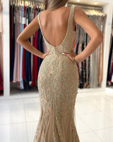 Fabulous V-Neck Mermaid Evening Dress With Gold Appliques Sleeveless