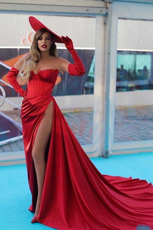 Beautiful Red Mermaid Slit evening Dress With Gloves Sweetheart