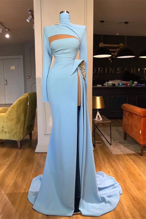 Fabulous Long Sleeves Mermaid Prom Dress Long Split High Neck