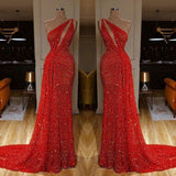 Classy One Shoulder Red Evening Dresses Sequins Long On Sale