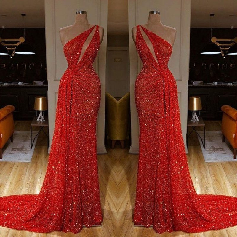 Classy One Shoulder Red Evening Dresses Sequins Long On Sale