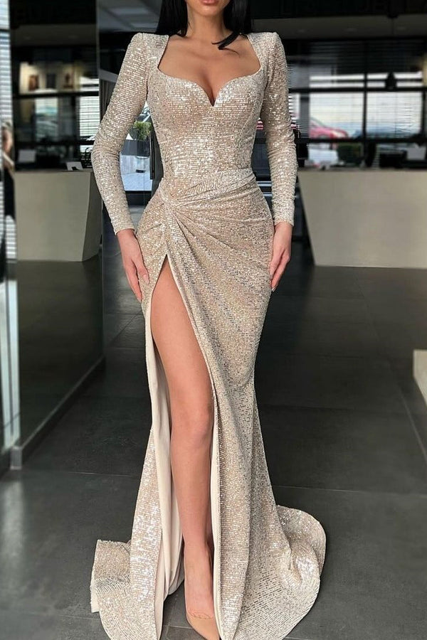 Classy Sparkle Long sleeves Sweetheart Sequin Mermaid High Slit Evening Dresseses