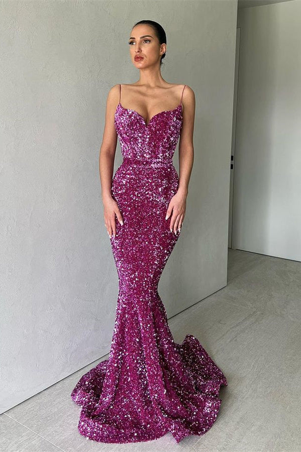 Classy Sparkle Purple Spaghetti Strap Sequin Mermaid Long Evening Dresseses