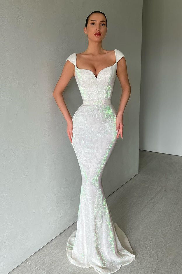 Elegant Cap Sleeves Sequins Mermaid Evening Dress Long Sweetheart