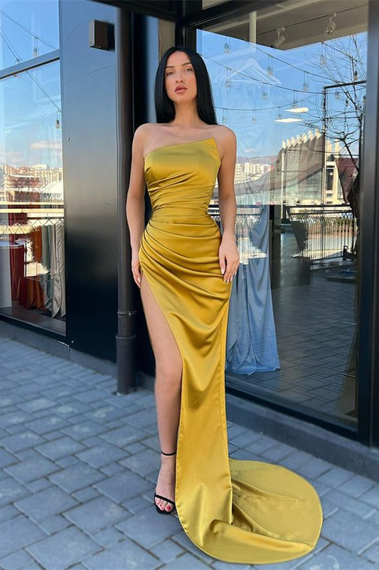 Beautiful Strapless Prom Dresses Mermaid Long Pleated With Slit