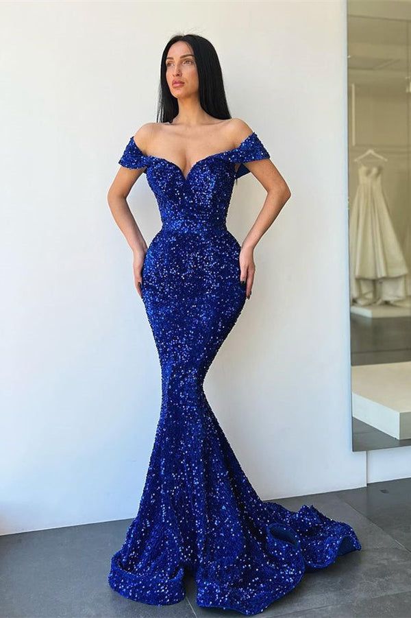 Classy Royal Blue Sequins Mermaid Evening Dress Long Off-ther-Shoulder