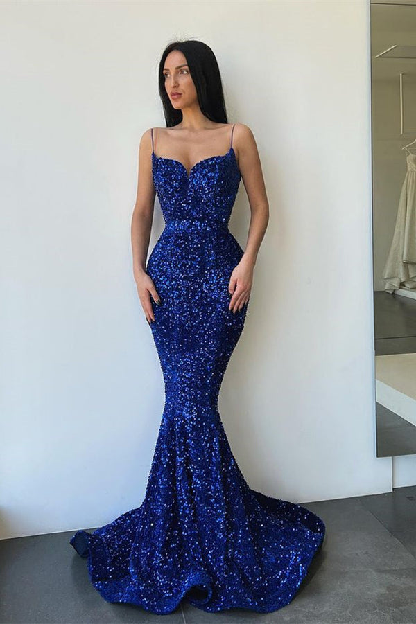 Classy Spaghetti-Straps Royal Blue Prom Dresses Mermaid Sweetheart With Slit Sequins