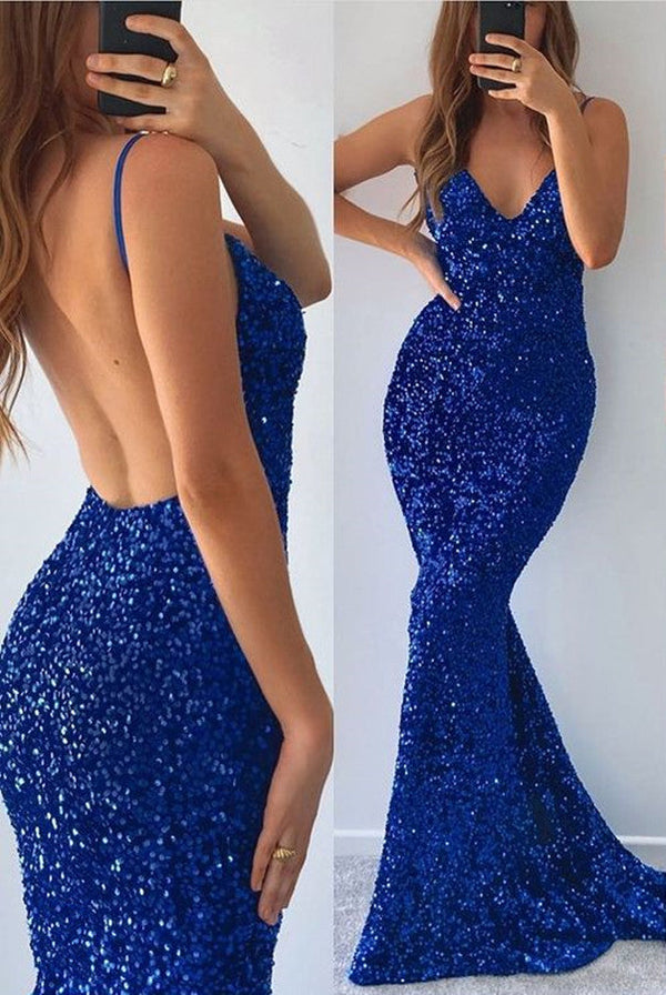 Stunning Royal Blue Sequins Mermaid Evening Dress V-Neck Sleeveless With Slit