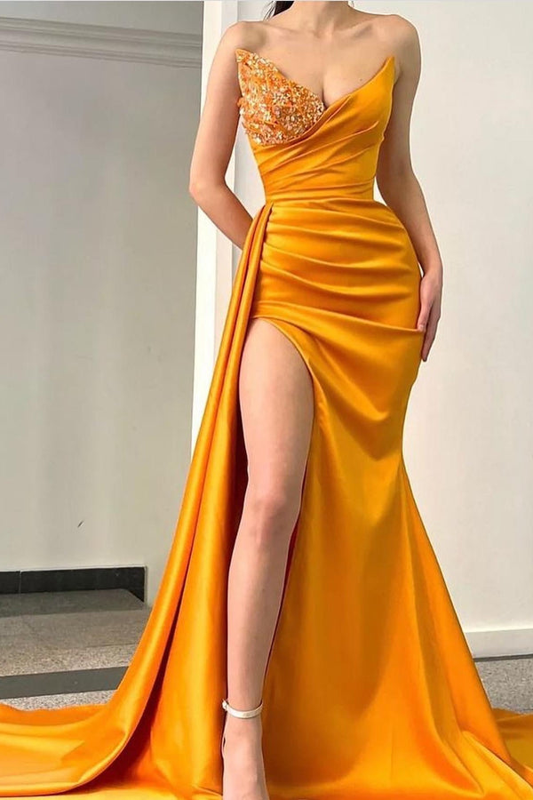 Stunning Orange Sweetheart Mermaid Evening Dress Pleated Long Slit With Beadings