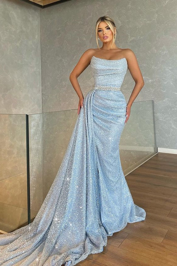 Glamorous Strapless Sequins Prom Dresses Mermaid Long With Ruffles