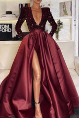 Stunning Deep V-Neck Sequins Evening Dresses Long Sleeves With Slit