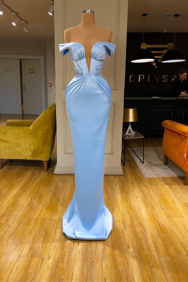 Elegant Sky Blue Off-the-Shoulder Mermaid Evening Dress Long