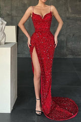 Elegant Burgundy Spaghetti-Straps Prom Dresses Mermaid Long Sequins Evening Gowns With Slit