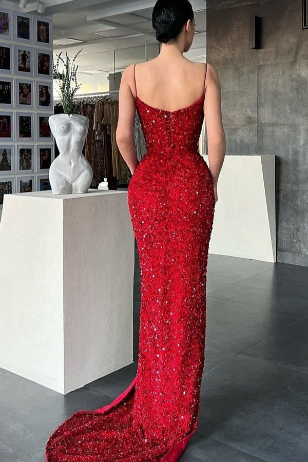 Elegant Burgundy Spaghetti-Straps Prom Dresses Mermaid Long Sequins Evening Gowns With Slit